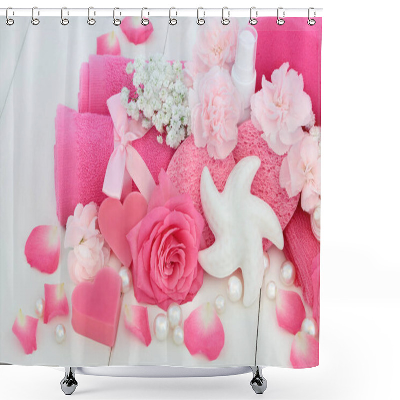 Personality  Beauty Treatment Cleansing Products With Pink Rose And Carnation Flowers, Heart And Shell Shaped Soap, Body Lotion, Sponges, Ex Foliating Scrub And Wash Cloths With Decorative Seashells And Pearls On White Wood Background. Shower Curtains