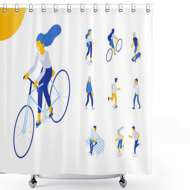 Personality  Flat Isometric Girl Riding Bicycle. Isometric Cycling Girl. Male And Female People Have Outdoor Activity. Flat Vector Characters Isolated On White Background. Shower Curtains