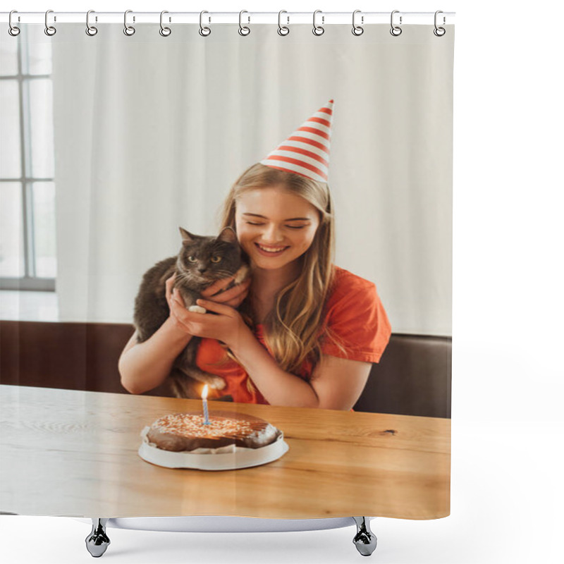 Personality  Happy Girl In Party Cap Looking At Birthday Cake And Holding In Arms Cat  Shower Curtains