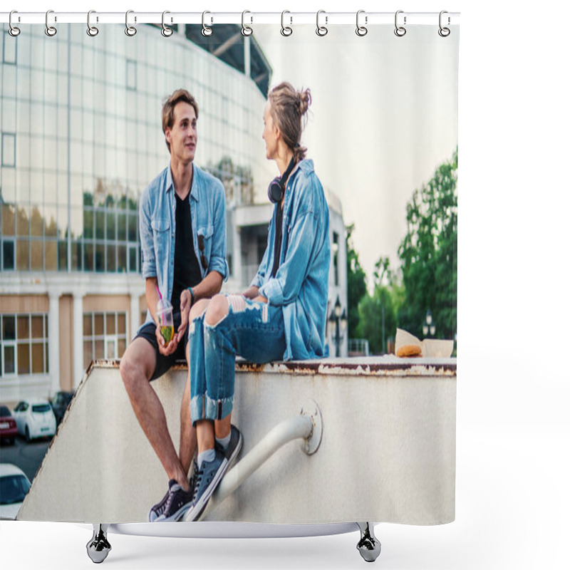 Personality  Lovely Young Hipster Couple Dating During Summer Sunset. Shower Curtains