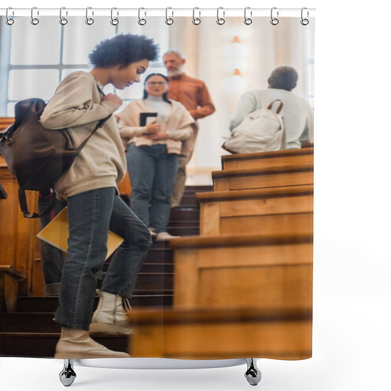 Personality  African American Student With Backpack And Notebook Standing On Stairs In University  Shower Curtains