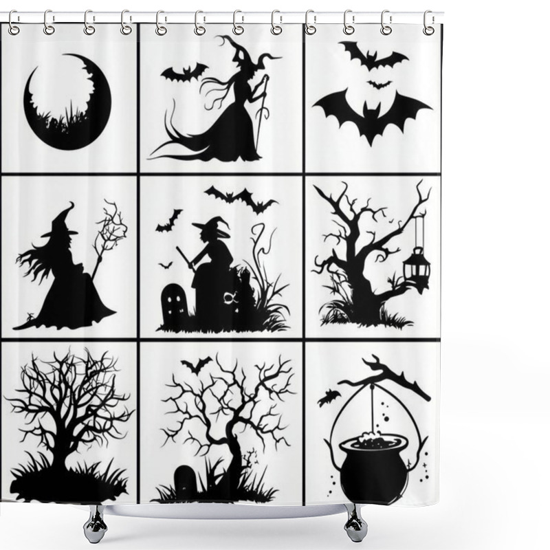 Personality  A Collection Of Spooky Halloween-themed Silhouettes Featuring Witches, Bats, And Eerie Landscapes. Shower Curtains