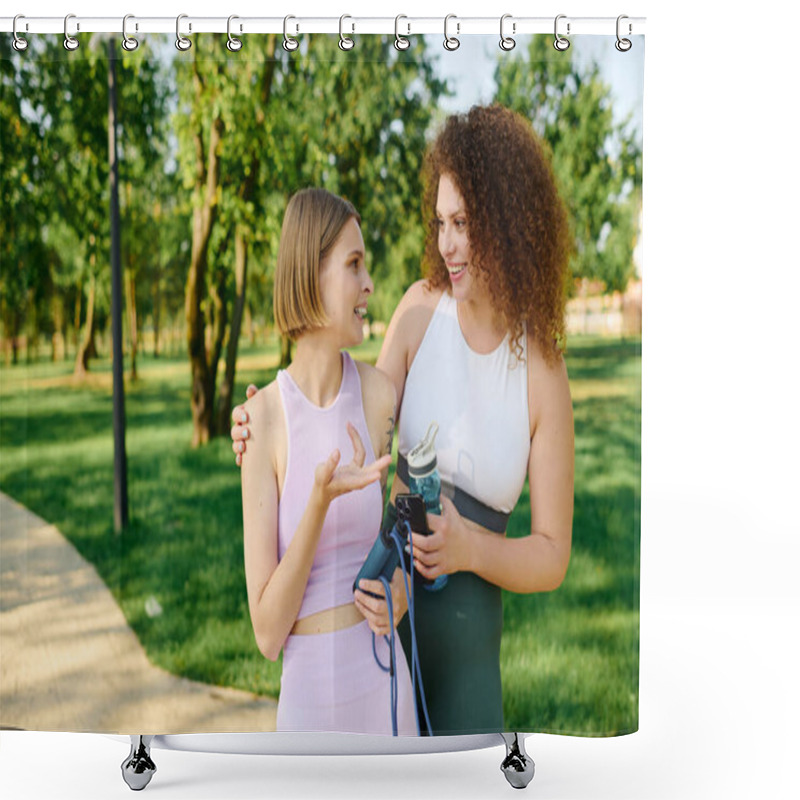 Personality  Two Women Share Laughter And Joy While Spending Quality Time Outdoors. Shower Curtains