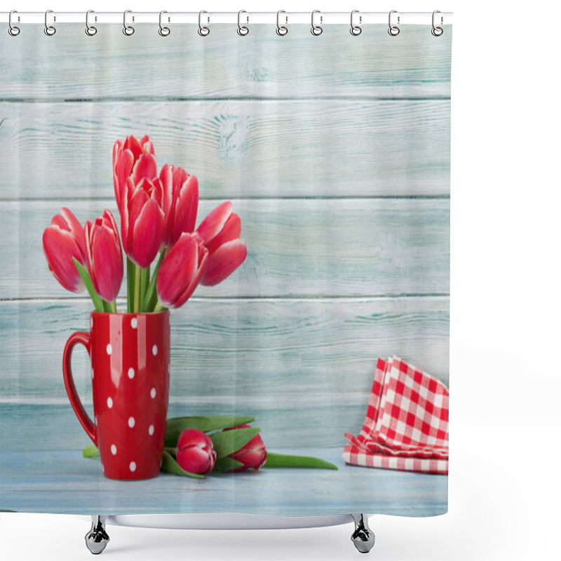 Personality  Red Tulips Bouquet In Cup In Front Of Wooden Wall. With Space Shower Curtains