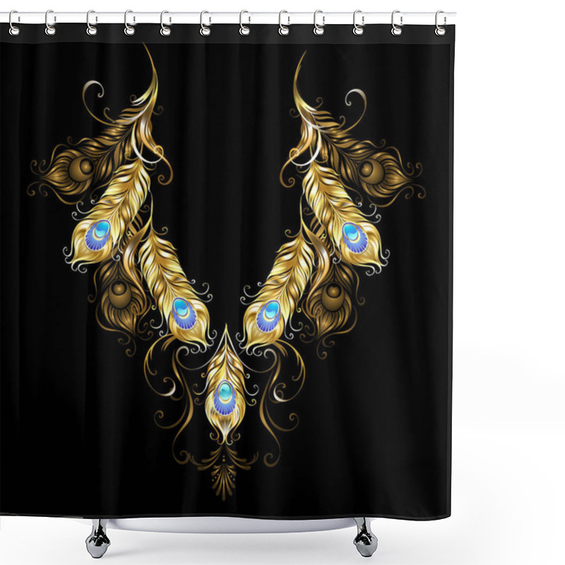 Personality  Symmetrical Ornament Of Gold Peacock Feathers With Turquoise On A Black Background. Gold Jewelry. Boho Style Shower Curtains