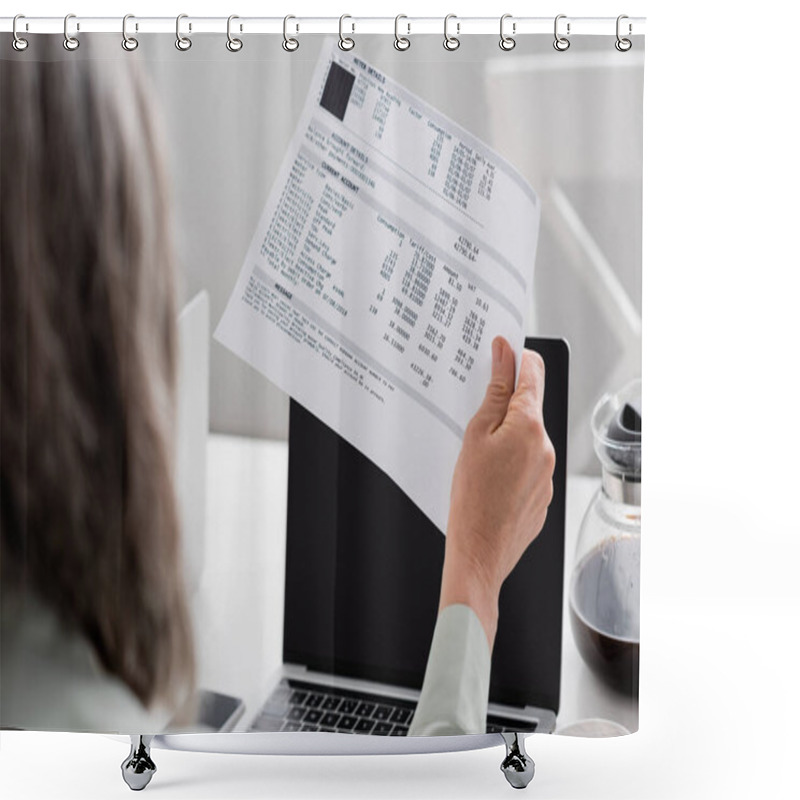 Personality  Paper With Bills In Hand Of Mature Woman Near Laptops And Coffee At Home  Shower Curtains