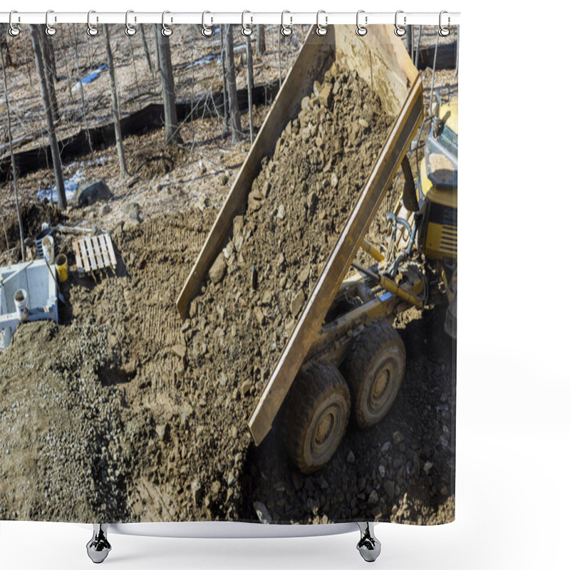 Personality  Construction Vehicle Is Positioned, Unloading Large Amount Of Dirt Onto Ground, This Activity Suggests Preparation For Construction Shower Curtains