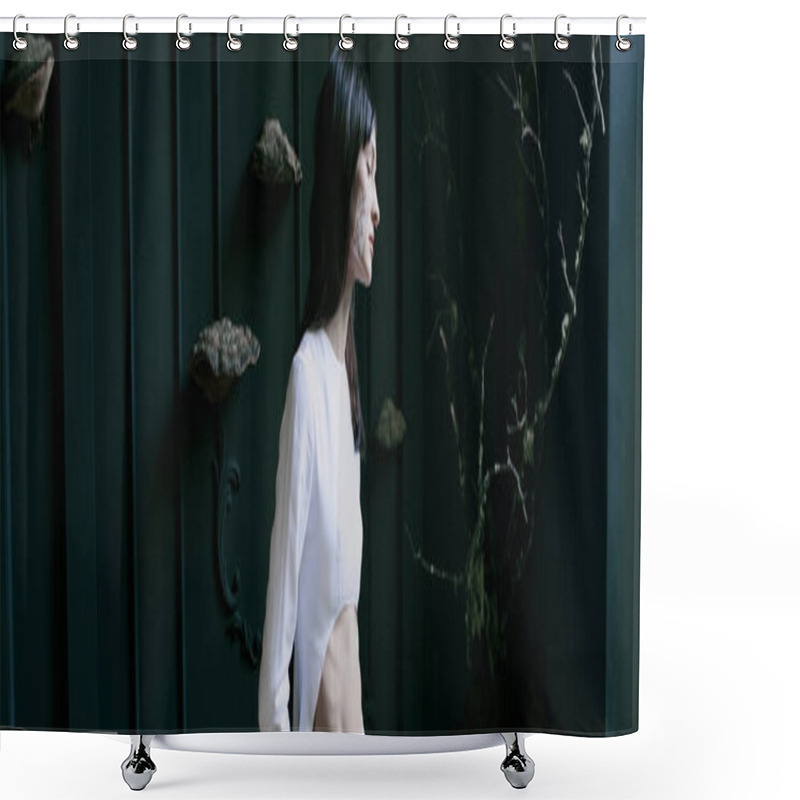 Personality  A Woman In Stylish Clothing Stands By A Swamp And Green Door. Shower Curtains