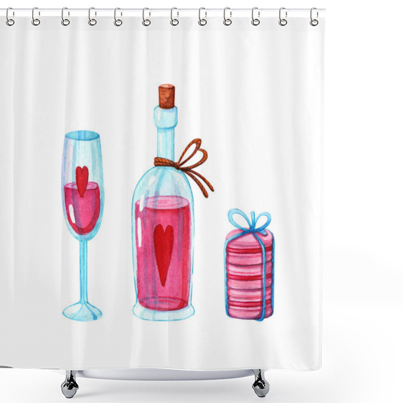 Personality  Hand Drawn Clipart Set Of Rose Wine Bottle With Heart, Glass And Macaroons With Blue Bow On White Background Isolated On White Background. Love, Valentine's Day And Watercolor Illustration Concept Shower Curtains