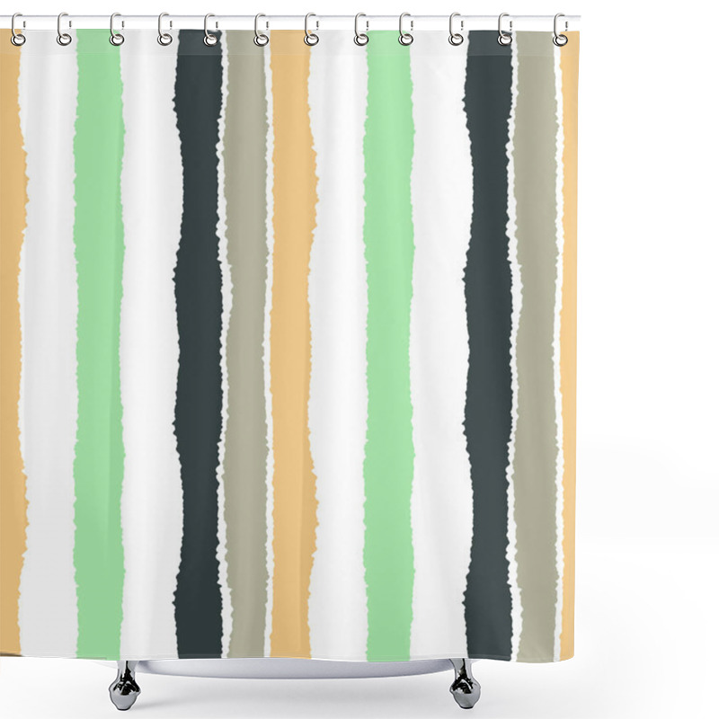 Personality  Striped Seamless Pattern. Vertical Wide Lines With Torn Paper Effect. Texture Of Shred Edge Band. Orange, Brown, Green, White Olive Cold Colored Background. Vector Shower Curtains