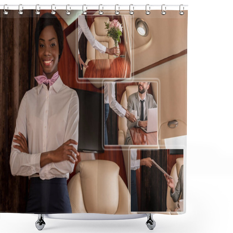 Personality  Collage Of Smiling African Stewardess Smiling At Camera, Putting Flowers On Table, Giving Cup Of Coffee And Newspaper To Businessman Shower Curtains