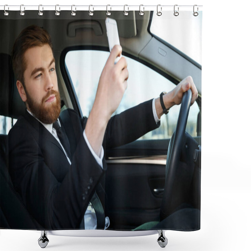 Personality  Side View Of Calm Business Man Making Selfie Shower Curtains