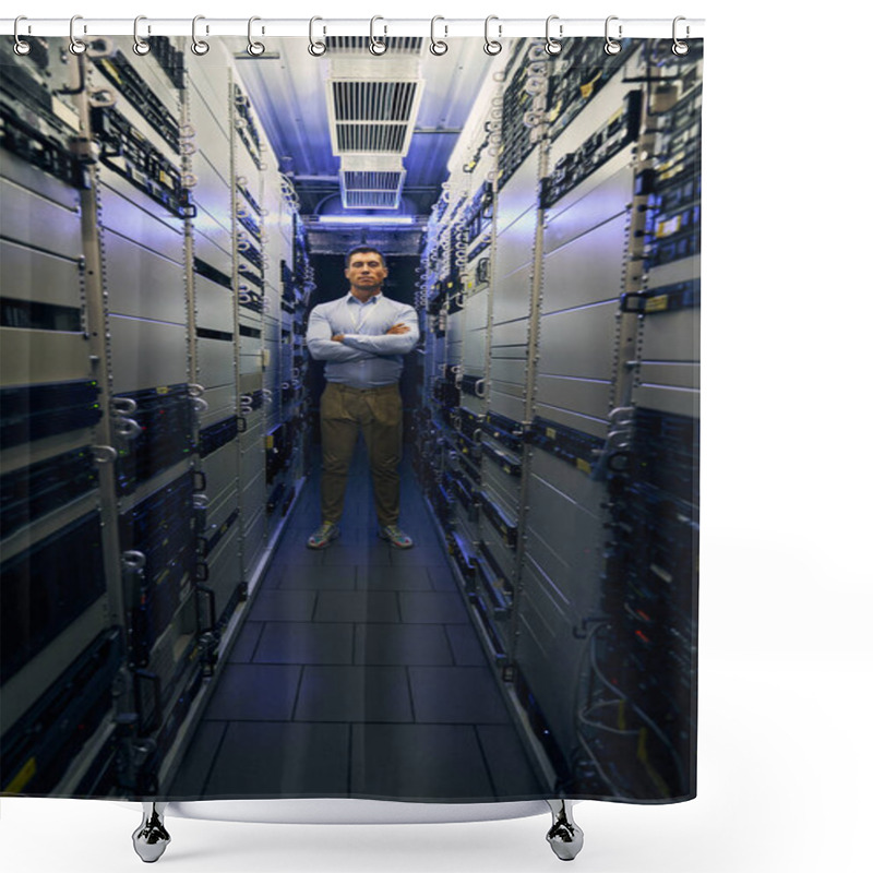 Personality  Caucasian System Administrator Standing Among Server Racks Shower Curtains