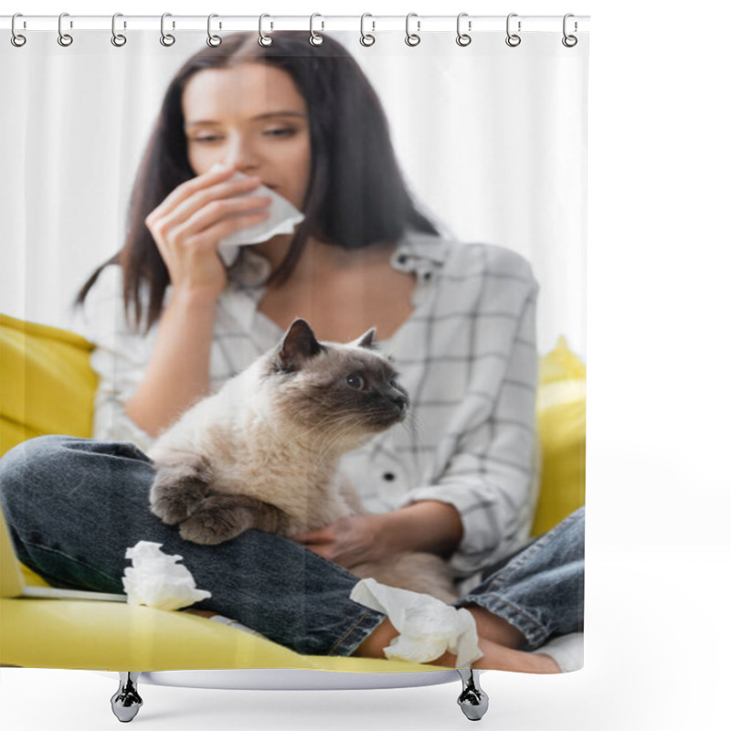 Personality  Selective Focus Of Cat Near Allergic Woman Wiping Nose With Paper Napkin On Blurred Background Shower Curtains