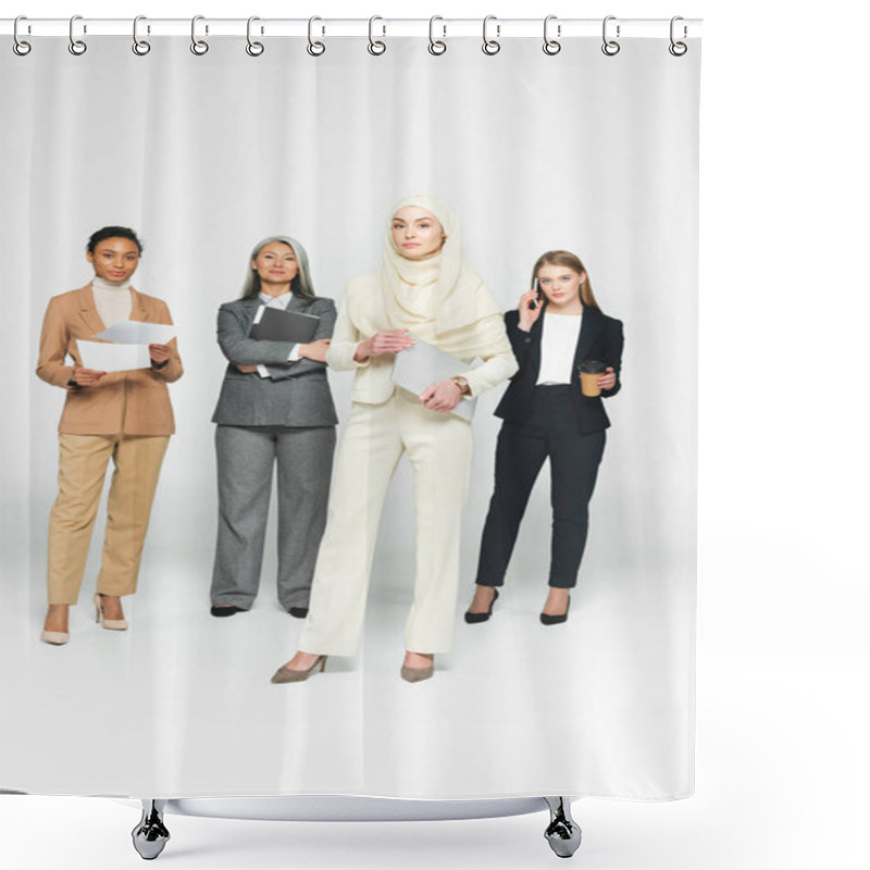 Personality  Attractive Multicultural Businesswomen Near Arabian Woman With Laptop On White  Shower Curtains