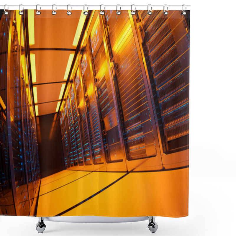 Personality  A Detailed View Of A Cutting-edge Data Center, Illuminated In Orange, Showcasing Rows Of Server Racks, Advanced Networking Equipment, And Dynamic Holographic Cybersecurity Displays. Shower Curtains