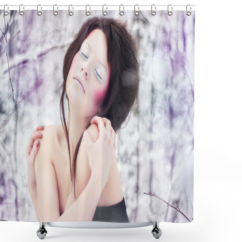 Personality  Girl With Beauty Make-up In A Fantasy Winter Forest Shower Curtains