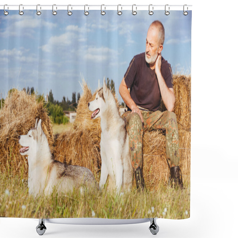 Personality  Old Man With A Beard Sitting On A Haystack With Their Dogs, Enjoying Summer Sunset. Shower Curtains