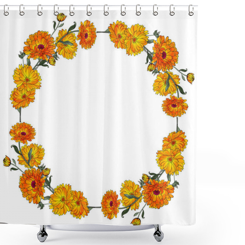 Personality  Beautiful Floral Wreath With Calendula Flowers Isolated On White Background, Vector, Illustration Shower Curtains