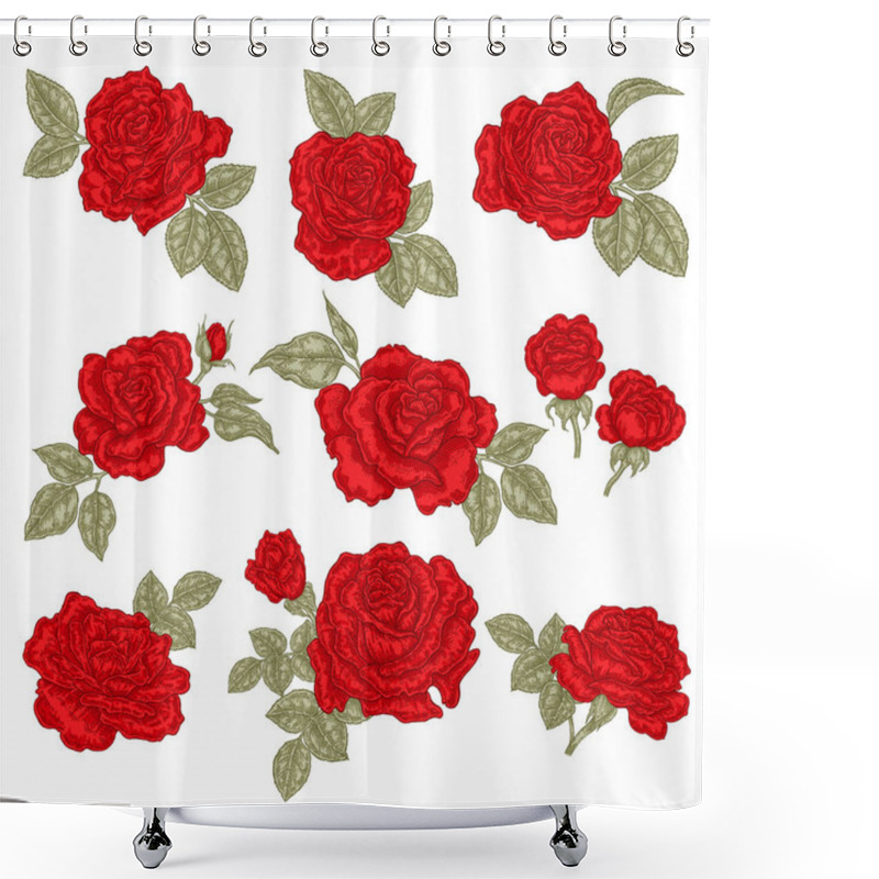 Personality  Red Roses Isolated On White. Hand Drawn Flowers And Leaves. Vector Illustration. Floral Design Elements Shower Curtains