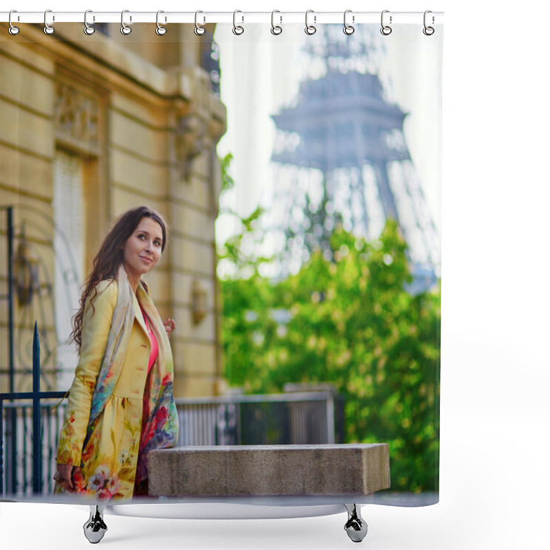 Personality  Beautiful Young Woman Near The Eiffel Tower Shower Curtains