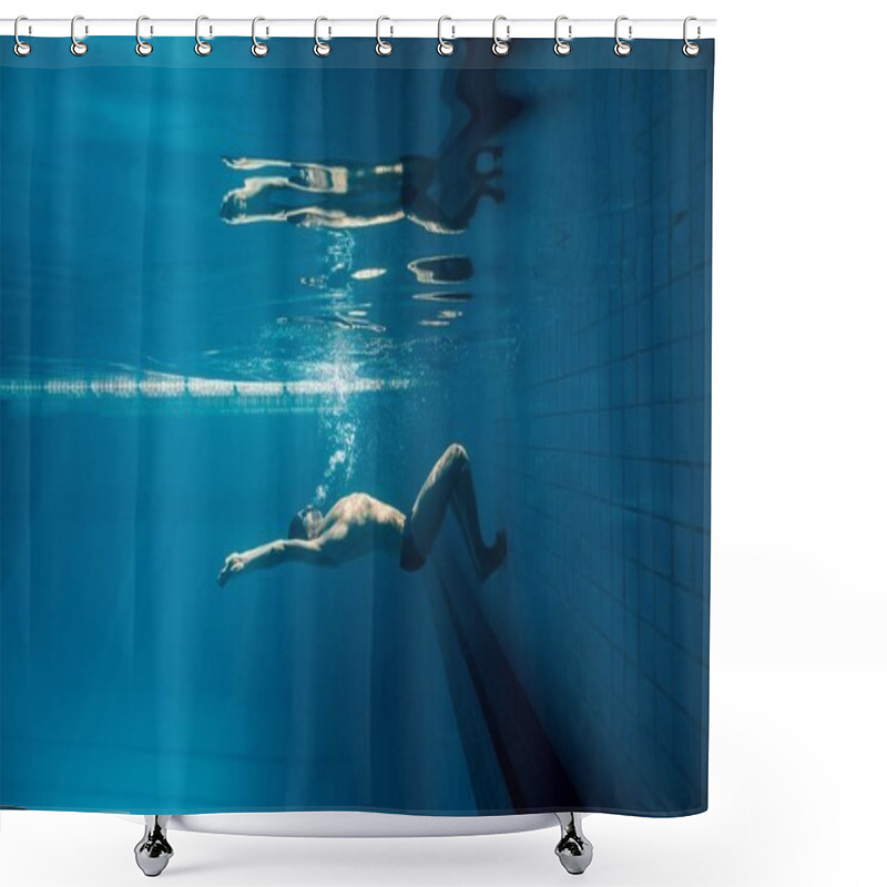 Personality  Underwater Picture Of Young Swimmer In Goggles Exercising In Swimming Pool Shower Curtains