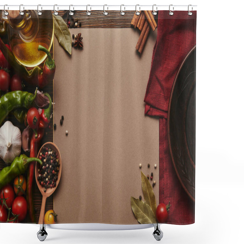 Personality  Top View Of Blank Card, Spices And Vegetables On Wooden Surface Shower Curtains