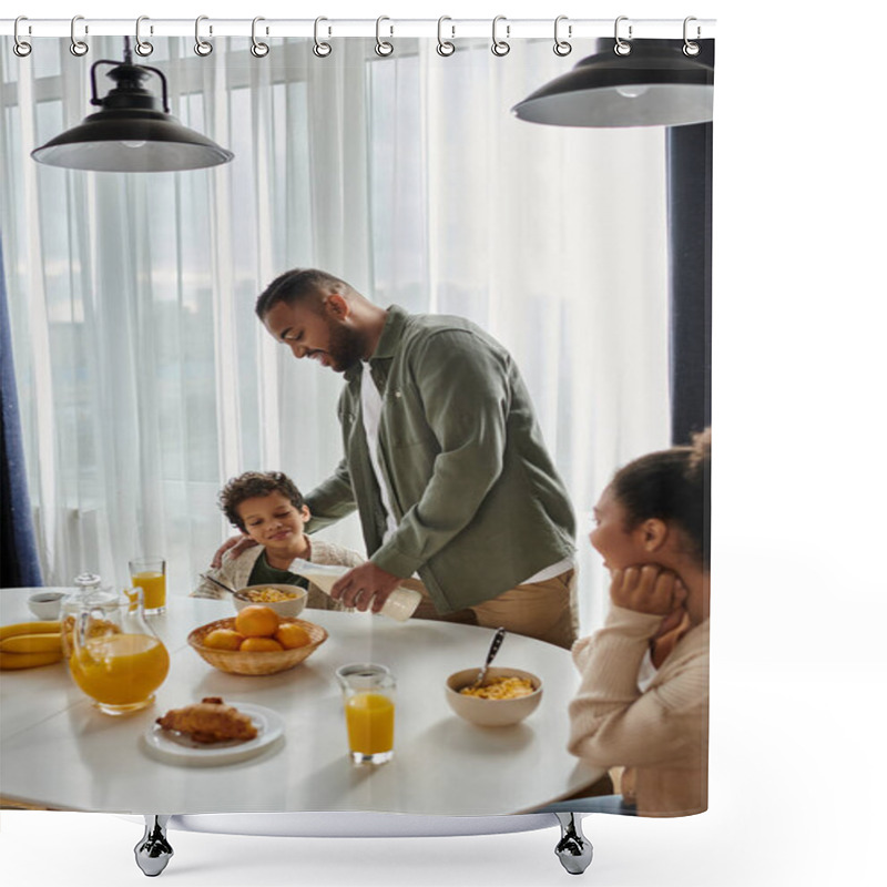 Personality  A Man Stands Over A Table Heaped With A Bounty Of Food, Near Son And Wife. Shower Curtains