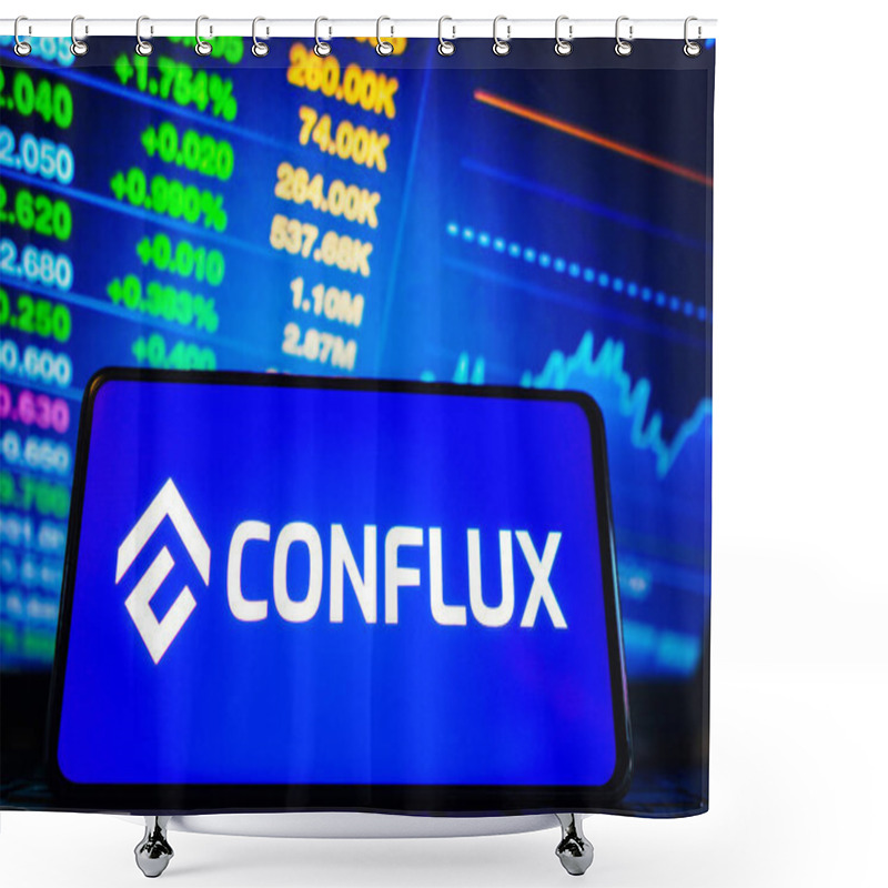 Personality  March 28, 2023, Brazil. In This Photo Illustration, The Conflux (CFX) Logo Is Displayed On A Smartphone Screen Shower Curtains