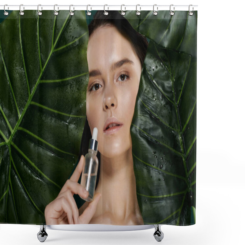 Personality  A Young Woman Poses With A Serum Bottle, Her Face Framed By Vibrant, Dewy Leaves. Shower Curtains