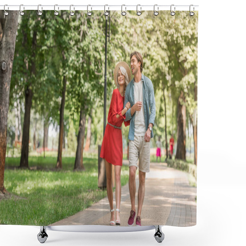 Personality  Happy Girlfriend And Boyfriend Walking Together In Park Shower Curtains