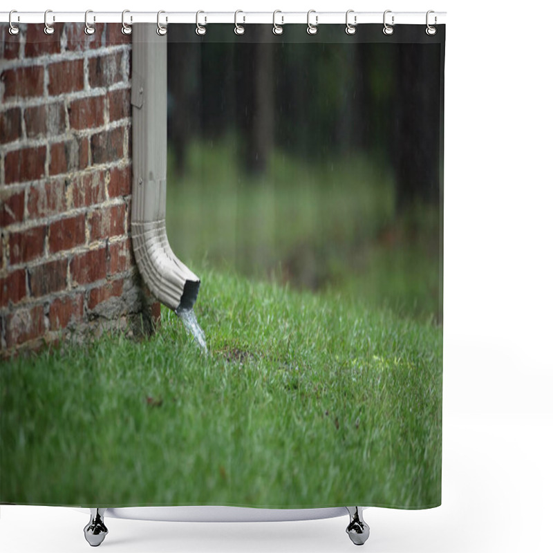 Personality  Working Gutter On A Brick House With Flowing Water Into The Grass During Rain Storm Shower Curtains