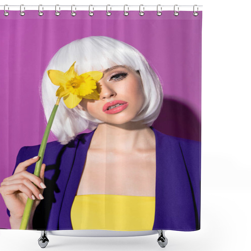 Personality  Interested Young Woman In Wig Holding Yellow Flower On Purple Background Shower Curtains