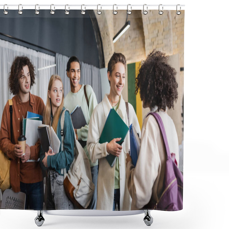 Personality  Smiling Multiethnic Students With Backpacks And Notebooks Talking In University Shower Curtains