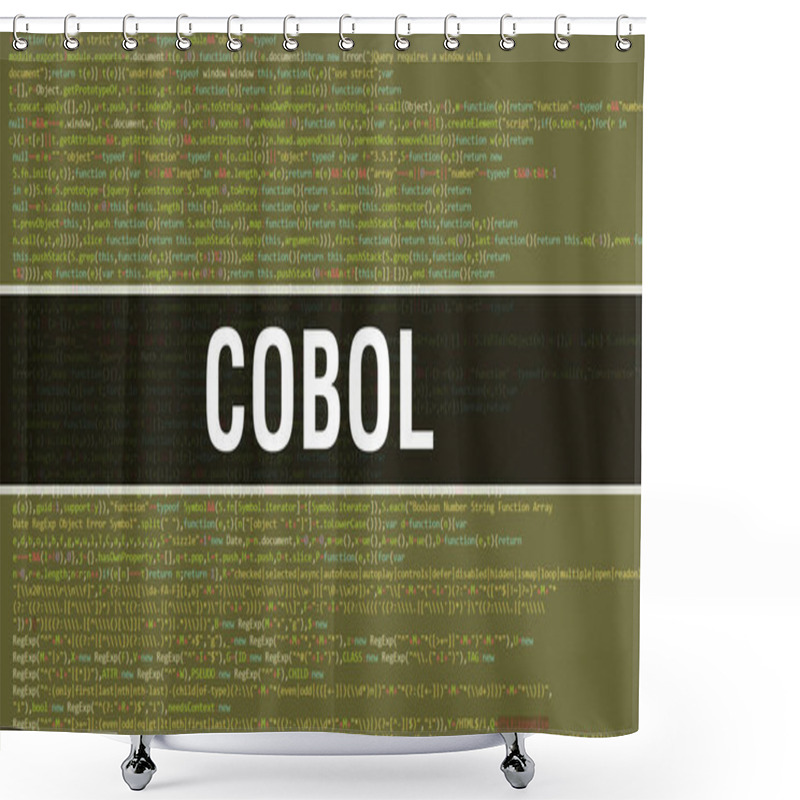 Personality  COBOL Concept Illustration Using Code For Developing Programs And App. COBOL Website Code With Colourful Tags In Browser View On Dark Background. COBOL On Binary Computer Code, Backgroun Shower Curtains