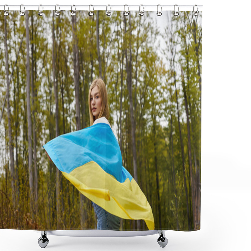 Personality  Back View Of Female Young Blonde Hiker, Holding The Ukrainian Flag And Turning To Camera Shower Curtains