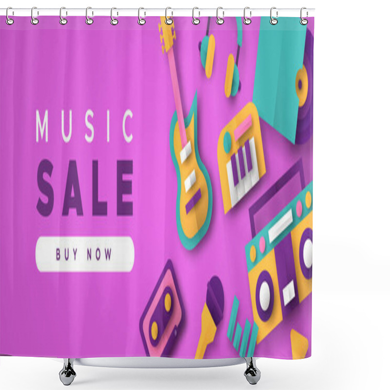 Personality  Music Sale Business Template With 3d Paper Cut Musical Instrument Icons. Colorful Retro Style Decoration For Audio Store Discount Event, Web Promotion Or Ticket Offer. Shower Curtains