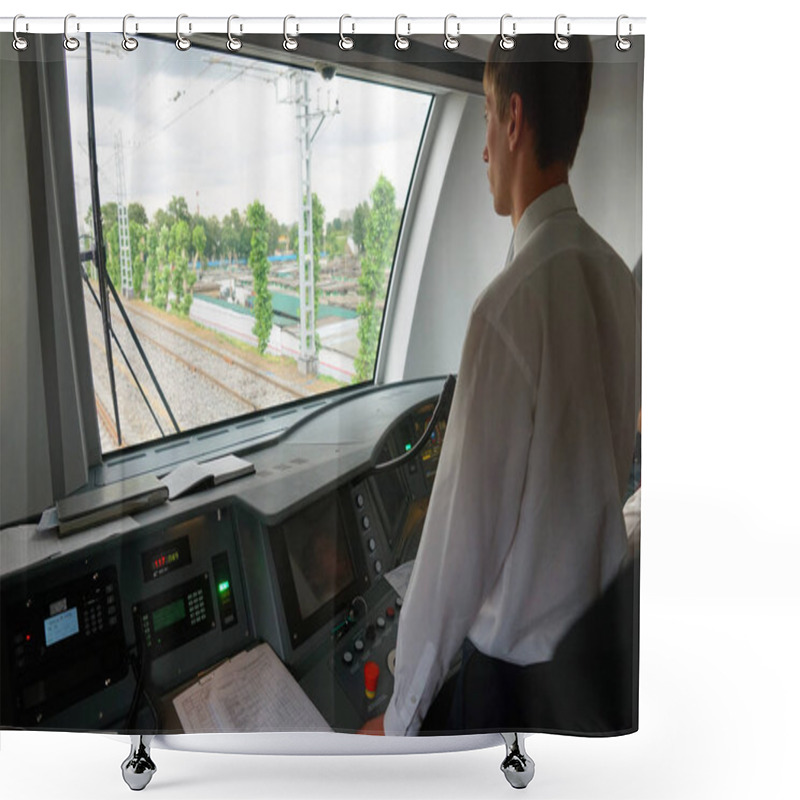 Personality  MOSCOW, RUSSIA - SEPTEMBER, 2018: The Driver Controls The Train. Run Of The Train Swallow On The Moscow Ring Railway, MKZD. Shower Curtains