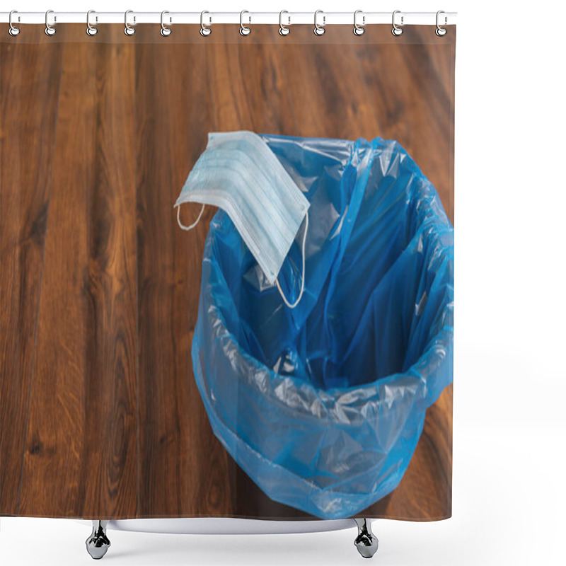 Personality  Blue Medical Mask In Trash Can With Garbage Bag, End Of Quarantine Concept Shower Curtains