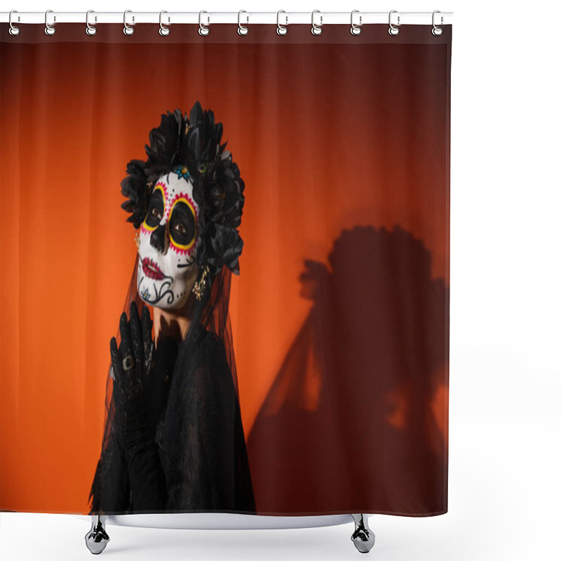 Personality  Woman In Santa Muerte Makeup And Black Costume Standing On Red Background  Shower Curtains