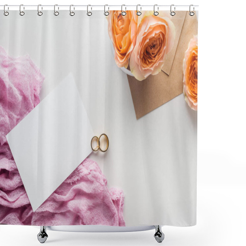 Personality  Top View Of Empty Card, Envelope, Flowers, Cloth And Golden Wedding Rings On Grey Background Shower Curtains