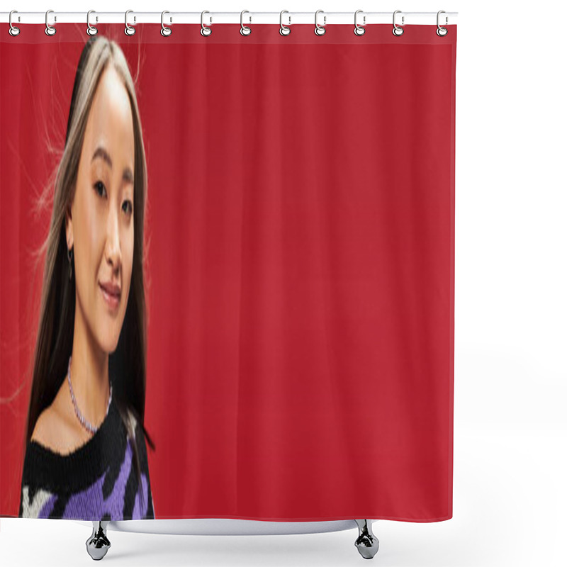 Personality  Happy Young Asian Woman With Dyed Hair In Vibrant Sweater With Animal Print Posing On Red, Banner Shower Curtains