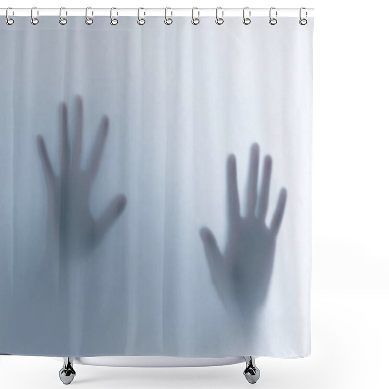 Personality  Defocused Scary Ghost Hands Behind A White Glass Background Shower Curtains