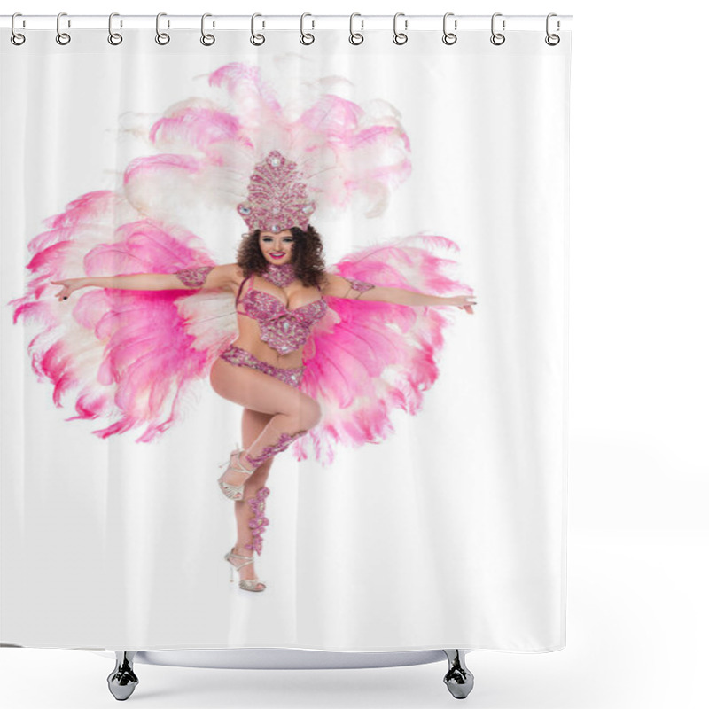 Personality  Cheerful Girl Posing In Carnival Costume With Pink Feathers, Isolated On White Shower Curtains