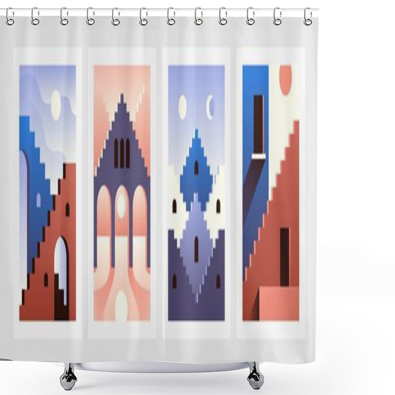 Personality  Contemporary Stairs. Abstract Geometry Posters With Architectural Elements And Buildings. Stepped Roofs And Arches. Sun Or Moon In Sky. Banners Of Cityscape. Oriental Town, Vector Set Shower Curtains