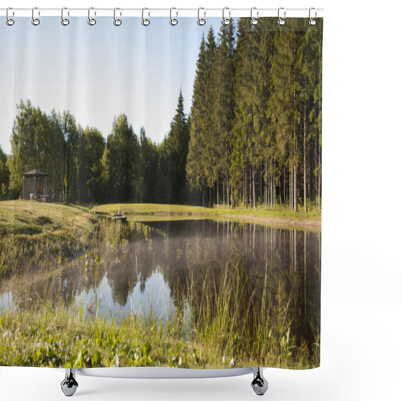 Personality  Calm Lake Near Pine Forest Shower Curtains