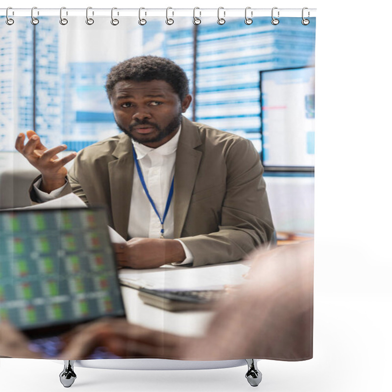 Personality  Coworkers Team Collaborating In A High End Workspace Meeting, Utilizing Smart Technology And Infographics To Present Data Driven Insights And Provide Effective Profit Growth Strategy. Shower Curtains