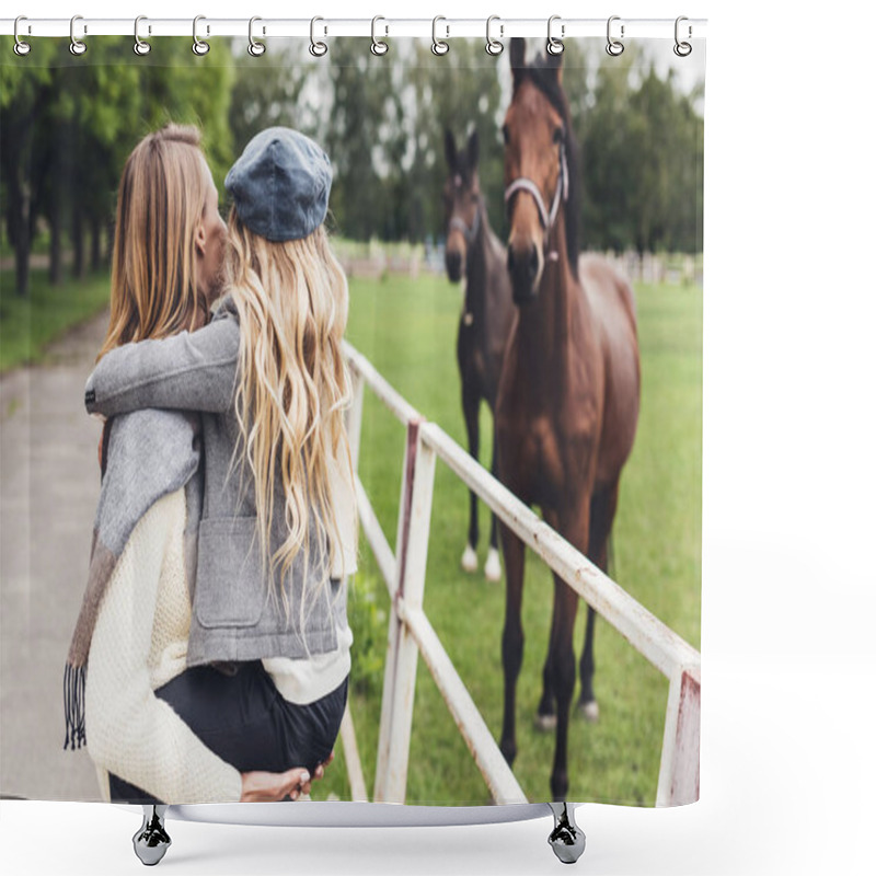 Personality  Mother And Daughter At Paddock With Horses Shower Curtains