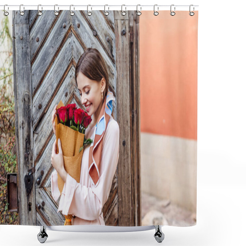 Personality  Panoramic Shot Of Happy Girl Holding Bouquet Of Red Roses While Standing Near Old Wooden Door Shower Curtains