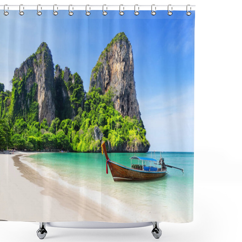 Personality  Thai Traditional Wooden Longtail Boat And Beautiful Sand Railay Beach In Krabi Province. Ao Nang, Thailand. Shower Curtains